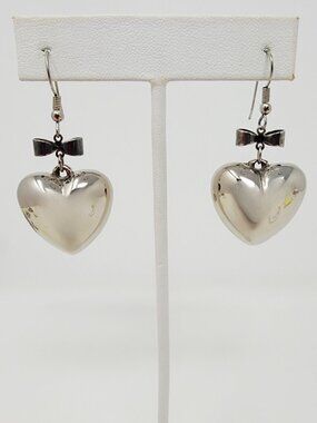 Vintage Silver Tone Puffy Heart Bow Dangle Earrings